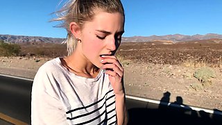 Public teen sex in the convertible car on a way to Las