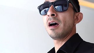 Sexy latina chick in stockings comes to a hotel room to get fucked by a stacked man with big cock, while her cuck husband watches their lustful fun