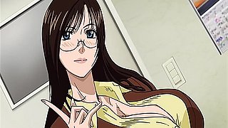 Brunette MILF with big tits and glasses in an office