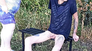 Neighbor MILF sucks my dick on a park bench until I cum - public outdoor sex with big natural tits
