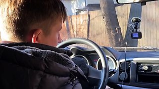 Fur-coated stepmom gives stepson a blowjob in the car