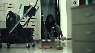 Office interracial lesbian threesome after work with slutty blonde and skinny Asians