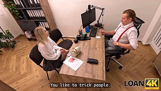 Loan4k. what is she stashing under the miniskirt?