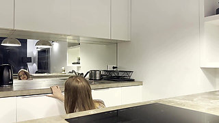 Tall beautiful hot tight pussy fitness model with the shortest denim shorts to tease by showing her legs and pussy in stockings