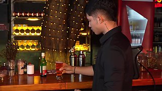 She desperately needs sex so a waiter licks her pussy under the table