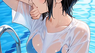 Japanese MILF Stepmom Shakes Huge Tits in Wet Panties at Pool