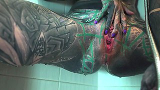 Heavily Tattooed Model Intense Anal Masturbation in the Shower