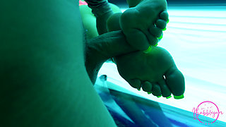 4K Tanning Studio Footjob From Hot Blonde MILF with Long Neon Green Toenails & Cum on Toes