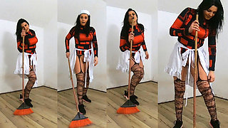 Naughty Maid Teases with Broom and Mop in a Dusty Room