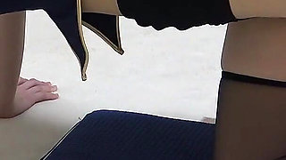 Busty Flight Attendant's Room, Girl in Japanese Apartment in Miniskirt Flight Attendant Uniform, Thong Panties, Black Stockings