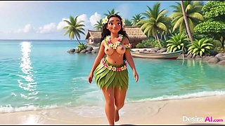 Exotic hula beauty on all fours, tribal men watching her curves (AI Generated)