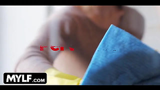 Gorgeous slutty sex doll gives her stepson the best blowjob he ever had while her husband is working