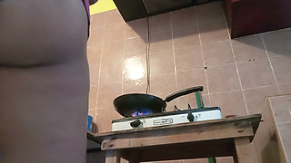 Fat buttock cooking in panties and shows hairy