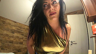 Bathroom Toilet Fetish. Lace Robe Dirty Talk and Shiny Dress Pee Close up