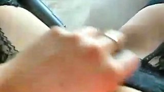 Sophie in skirt glasses and stockings plays with her Hairy Pussy