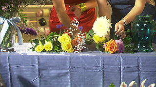 Swimming pool outdoor action with blonde babe