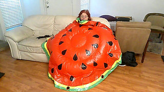 BBW Nurse Vicki Blowing up a Huge Plastic Float That Looks Like a Water Melon Slice