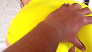 Teases me with her big tits and I'm pounding her real hard from behind