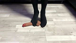 Sexy Dominatrix in Nylon Pantyhose Is Trampling Your Cock