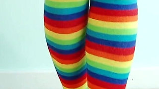 Crazy Teen with Colourful Stockings Wide Opens Her Legs on the Bed