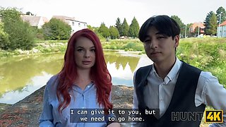 Hunt4k. red haired whore cheated on her bf in public and toyed with her Natural Tits