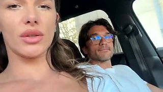 Hottie babe teases thick cock in car with sensual stockings play