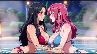 Stepmom and stepsister taking hot bath and pressing boobs