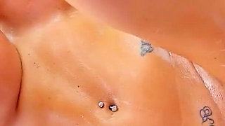 The hot Jasmin Jae is surprised after a shoot by a fan while showering