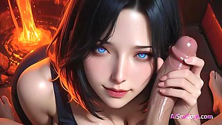 Lava glows as black hair queen fucks wild on fire bed & gets her ass soaked in messy AI cum