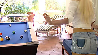 Edelweiss in a Miniskirt and Sexy Shirt Undresses for You While Playing Pool