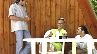 Blonde Sucks and Rides Two Cocks Outdoors