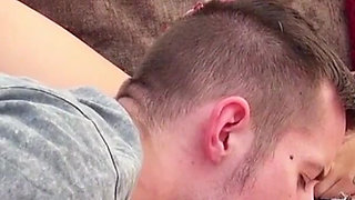 Step brother lies on the couch and sex teen Pixie Little wakes him up to fuck