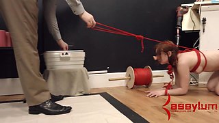 Kinky tied submissive babe blowing