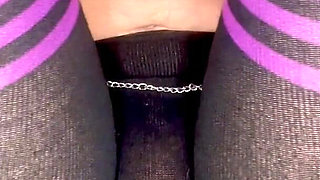 Cspot Wears Purple and Black Striped Tights and Rubs Out a Loud Clit Orgasm