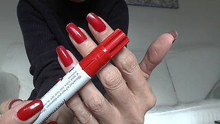 Slave Marking with Pen, Beautiful Red Fingernails, Lady Victoria Valente
