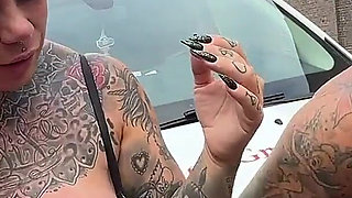 Two Horny Leather Tattoo Sluts Fuck Truck Driver at the Rest Area!