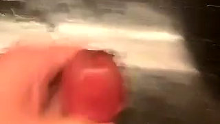 rubbing my big swollen cock head until i sprayed all over the table