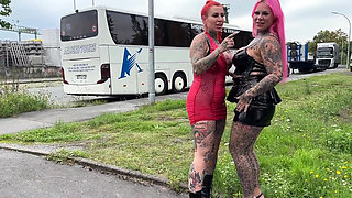 Two Horny Leather Tattoo Sluts Fuck Truck Driver at the Rest Area!
